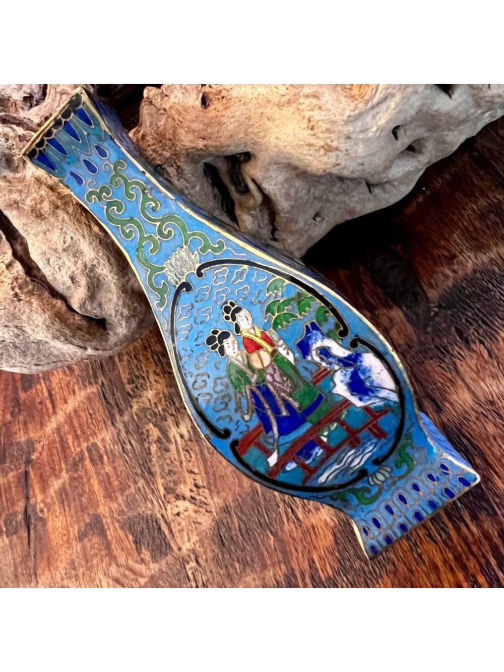 Antique Mini  Chinese Cloisonné Vase With Hand-Painted Scenic Motifs & Blue Enam